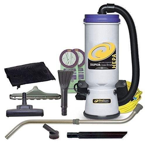 proteam commercial backpack vacuum cleaner, super coachvac vacuum backpack with hepa media filtration and residential cleaning service kit, 10 quart, corded